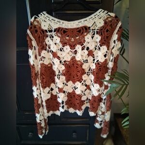 Elegant Crochet Lace Top - Brown and White